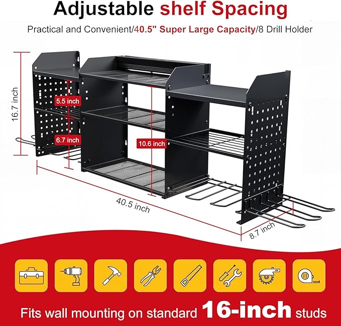 3 layers power tool organizer Loads 150lbs with 10 Cordless Drill Holder and 8 Outlet Power Strip,it’s good choice for husband birthday gift,black