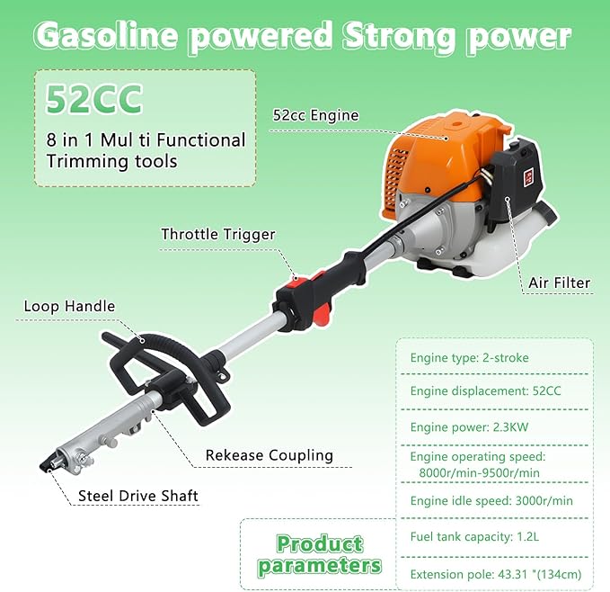 𝟖 𝐢𝐧 𝟏 Gas Weed Wacker, 52cc 2-Cycle Gas Weed Eater, 2025 Upgraded Weed Eater, 9500rpm High Power String Trimmer, Edger Pole Saw Chainsaw Pruner Brush Cutter for Yard, Garden(US Fast Arrival)