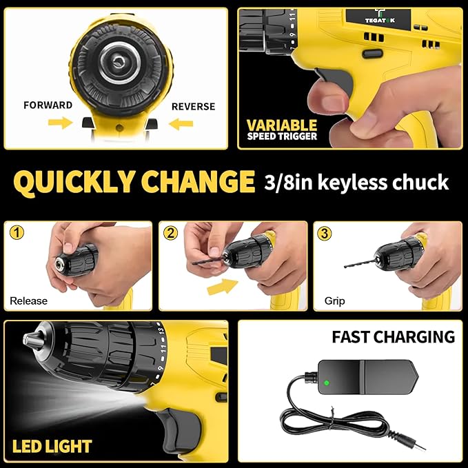 Tegatok Cordless Drill Set,12V Power Drill Set with Battery and Charger, Electric Driver Drills Bits, 3/8'' Keyless Chuck,18+1 Torque Setting with LED Electric Drills Set, Yellow