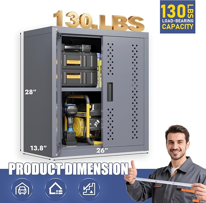 Metal Garage Storage Cabinet Industrial Style Tool Cabinets with 2 Doors and Adjustable Shelf Wall Mounted Steel Hanging Cabinet for Warehouse Basement Kitchen Laundry - Assembly Required