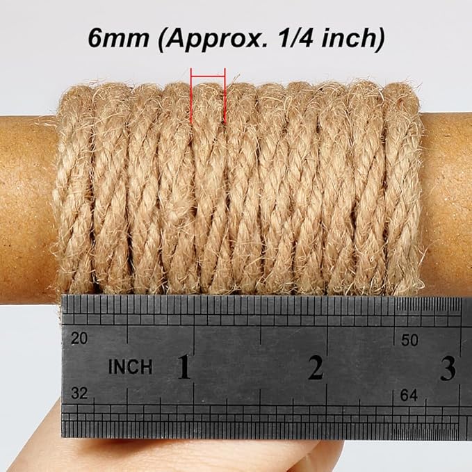 Tenn Well 6mm Jute Rope, 66 Feet Strong and Thick Twine Rope for Crafting, Gardening, Cat Scratching Post, Packing, Home Decor, Christmas Decorations