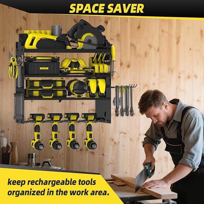 Power Tool Organizer Wall Mount with 4-Drill Holders-400Lbs Load Heavy Duty Metal 4-Layers Garage Storage & Organization Battery Tools Rack with Side Panels Utility Racks Workshop Gifts for Men