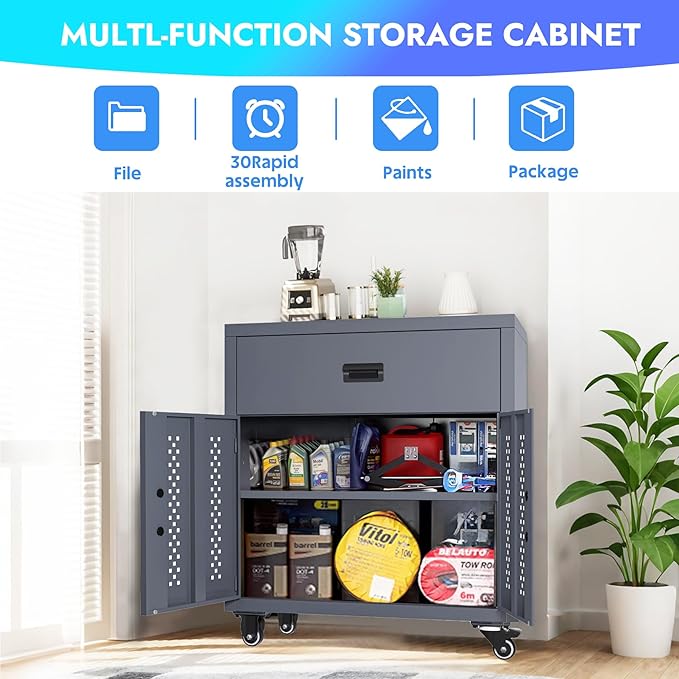 KAER Metal Garage Storage Cabinet with Wheels Tool Chest with Drawer 2 Doors and Adjustable Shelf Industrial Style Tool Cabinets for Warehouse Garage Basement Repair Shop - Assembly Required