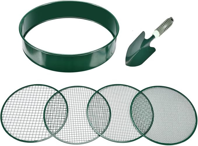 Soil Sieve Garden Riddle Sieve 12" Diameter, Fine Mesh Soil Sieve, Potting Sieve with 4 Interchangeable Filter Mesh Sizes 3,6,9,12mm and Shovel