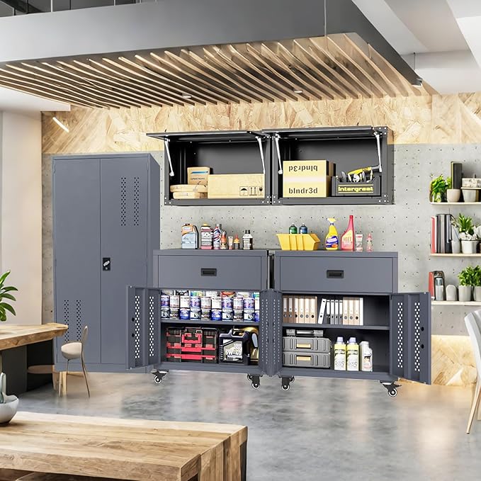 KAER Metal Garage Storage Cabinet with Wheels Tool Chest with Drawer 2 Doors and Adjustable Shelf Industrial Style Tool Cabinets for Warehouse Garage Basement Repair Shop - Assembly Required