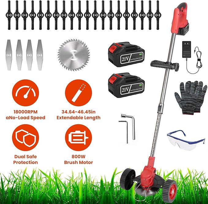 Cordless Weed Wacker, 2x2.5Ah Battery Powered Grass Trimmer, Electric Weed Eater with Wheels, 3-in-1 Electric Lawn Edger with 3 Types Blades Brush Cutter for Garden, Yard