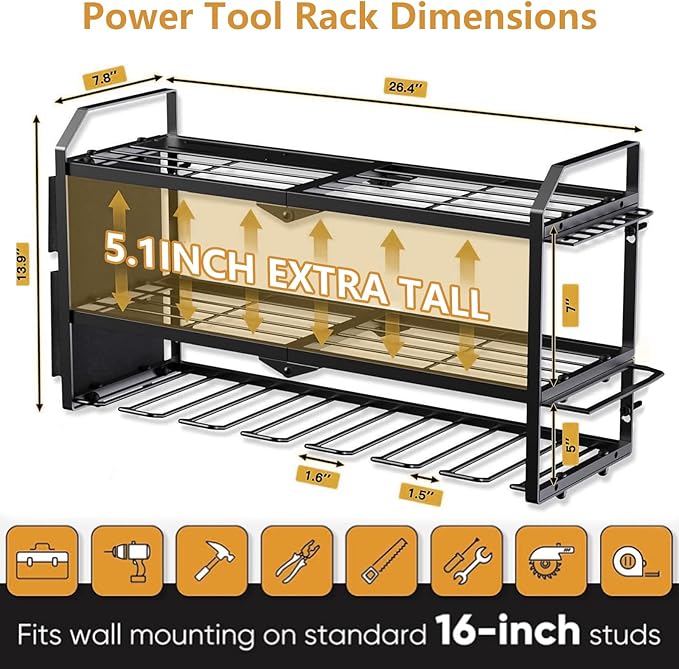 Power Tool Organizer with Charging Station: 7 Cordless Drills Holder Wall Mount Power Tool Shelf Storage Systems with 4 Outlet Power Strip, Electric Tool Storage Rack for Garage Organization/Workshop