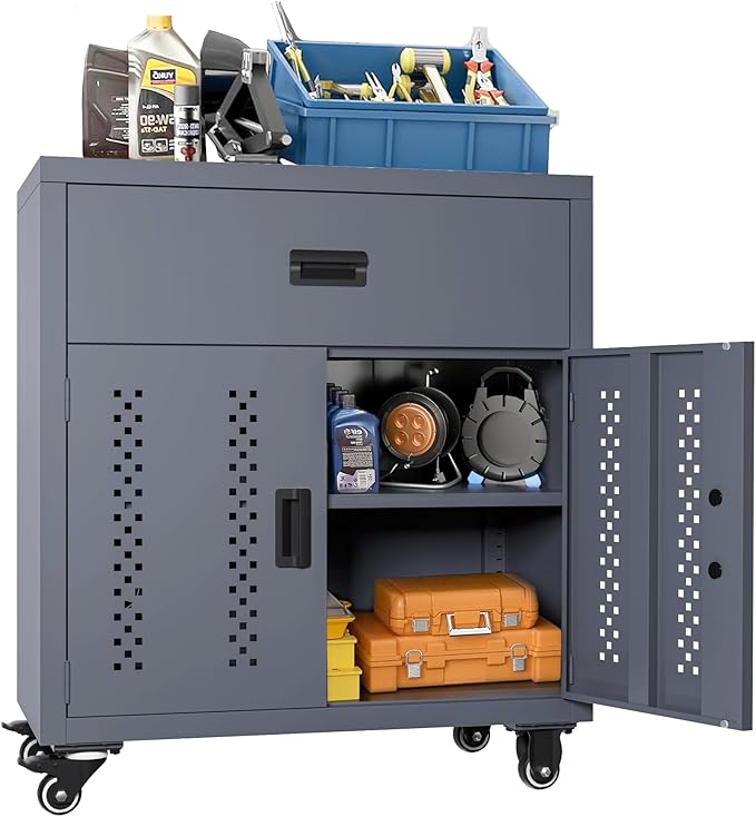 KAER Metal Garage Storage Cabinet with Wheels Tool Chest with Drawer 2 Doors and Adjustable Shelf Industrial Style Tool Cabinets for Warehouse Garage Basement Repair Shop - Assembly Required