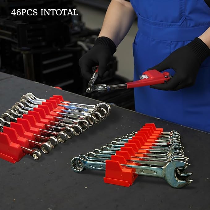46PC Red Magnetic Wrench Organizers Set for Tool Storage - Modular Wrench Holders with Metric & SAE Labeled Slots, Extra Strength Magnet Base - Workshop & Home Toolbox Organization Gift