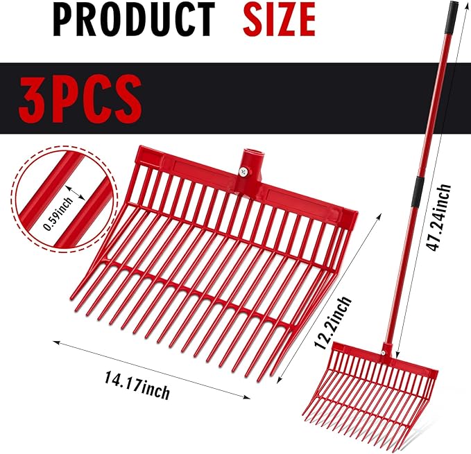 Lasnten 3 Sets Manure Fork with Long Metal Handle Pitch Fork Manure Rake Heavy Duty Muck Rake for Gardening Horse Stall Stable Grass Hay Cleaning Farm Work(Red)