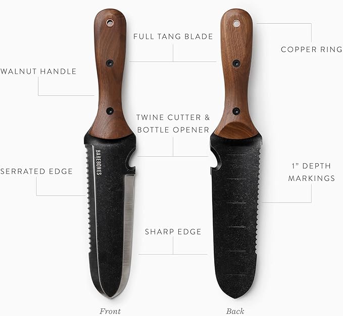 Barebones Hori Hori Classic - Garden Knife - Heat-Tempered Stainless Steel Blade and Walnut Handle - Gardening Knife and Sheath Bundle (Walnut/Black)