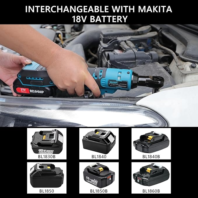 3/8'' Cordless Ratchet Wrench, 74FT-LBS (100N.m) Electric Ratchet with 21V 2 X 2.0Ah Battery, 400 RPM Chargeable Power Ratchet Driver Set with 8 Sockets,1/4 Adaptor, 3" Extension Bar,Brushless Motor