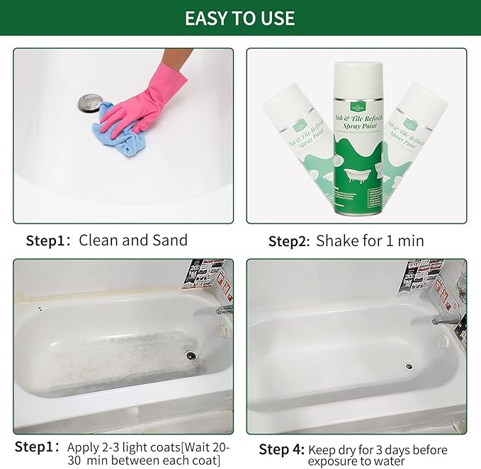 styleonme Tub and Tile Spray Paint White, 450ml * 4 pack, Diy Countertop Paint kit, Suitable for Ceramic, Porcelain, Fiberglass, Bathtub, Tile, Bathroom wall Repair Spray Paints