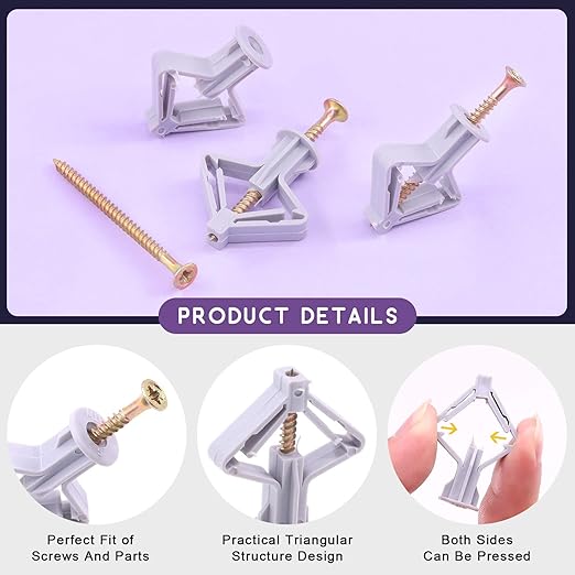 Swpeet 120Pcs Grey Drywall Anchor with Screw Kit - Nylon Plastic Drywall and Hollow-Wall Anchor Kit, Wall Anchor Hooks, and Hollow-Door Toggle Anchor for for Hanging Heavy Items on Drywall