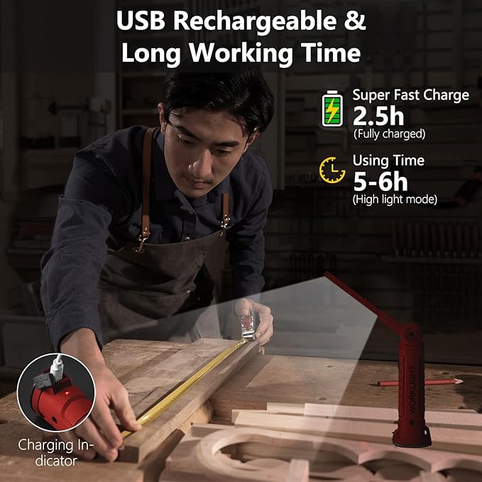 Working Light Portable, Rechargeable Work Lights with Magnetic Base Hanging Hook,360° Rotate 5 Modes,COB LED 800 Lumens Foldable Inspection Light for Car Repair, Grill and Outdoor Use(2pack)