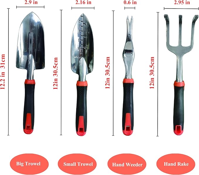 Garden Tools Set, 4 Piece Aluminum Hand Tool Kit with Ergonomic Handle, Heavy Duty Gardening Tools Include Hand Trowel, Transplant Trowel, Hand Rake and Weeder (Orange)