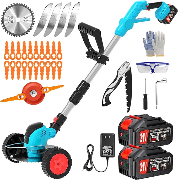 Electric Cordless Weed Wacker Eater Battery Powered, Lightweight No-String Weed Trimmer with 2x 4.0Ah Battery Operated & Wheels, 3 in 1 Stringless Grass Trimmer/Edger/Brush Cutter for Garden Yard Lawn