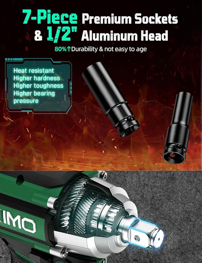 KIMO Impact Wrench 1/2 Cordless,550N.m/406ft-lbs Max Torque & 3000RPM, 2x20V 3.0Ah Battery, Impact Gun with 7 Drive Impact Sockets, 3 Inch Extension Bar, 1 Hour Fast Charger Impact Drill for Car Tires