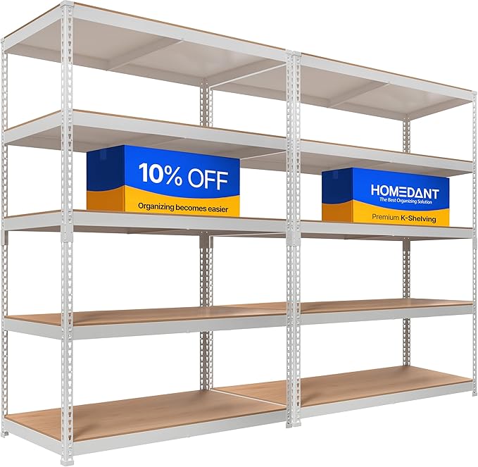HOMEDANT White 5 Tier Laminated Boltless Heavy Duty Garage Storage Adjustable Wide Size Metal Shelving Unit Utility Rack Shelves Organization Shelf Shed Warehouse 47.7" W x 24.1" D x 71.3" H 2Pack