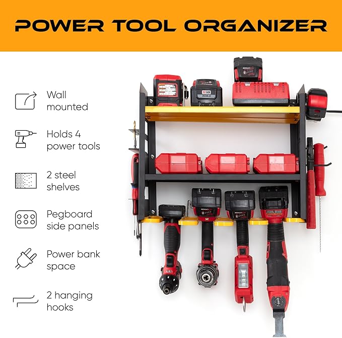 Power Tool Organizer - Wall Mount Storage for Garage Organizes 4 Cordless Drills & Tools - Easy Assembly Heavy Duty Rack has Pegboard Sides Shelves & Hooks - Neatly Holds Screwdrivers & Drill Bits