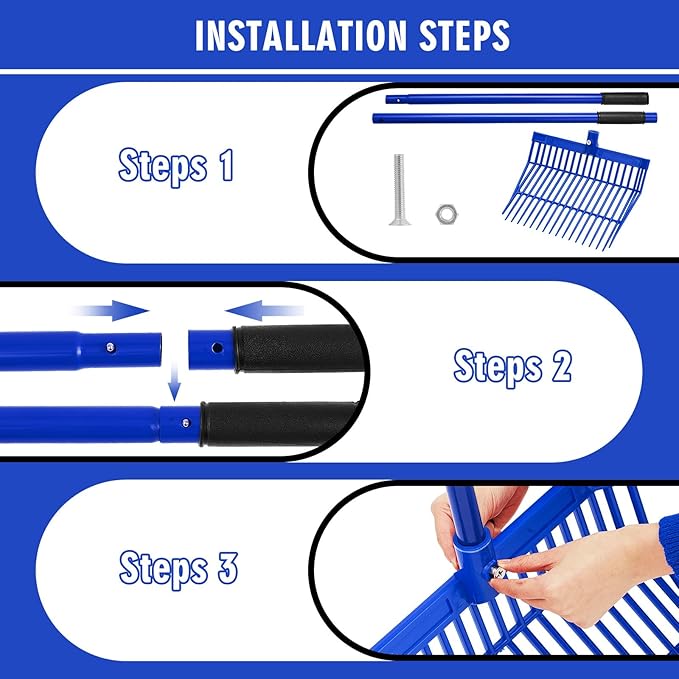 Lasnten 3 Sets Manure Fork with Long Metal Handle Pitch Fork Manure Rake Heavy Duty Muck Rake for Gardening Horse Stall Stable Grass Hay Cleaning Farm Work (Blue)
