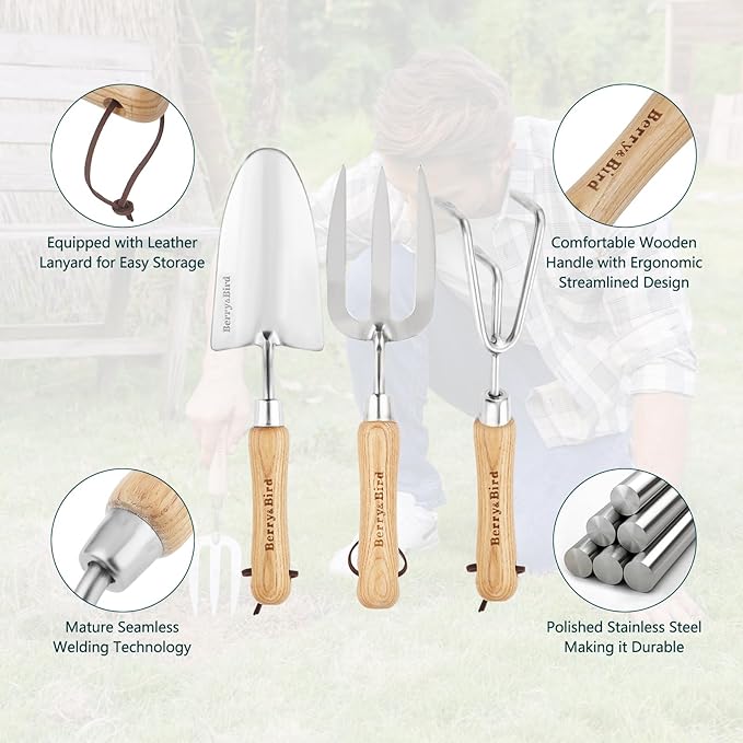 Berry&Bird Garden Tool Set 3 Pieces Stainless Steel Heavy Duty Gardening Kit Includes Hand Trowel, Hand Cultivator and Hand Fork with Wood Handle for Weeding Transplanting Digging, Ideal Garden Gifts