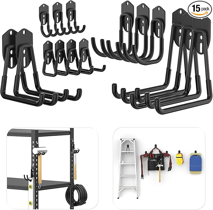 TORACK 15PCS Garage Storage System Hooks, Shelving Hooks for Keyhole Shelving Units Wall Mount Utility Hooks for Tools, Ladders, Cords, Folding Chairs, Shovels and Rakes(Black)