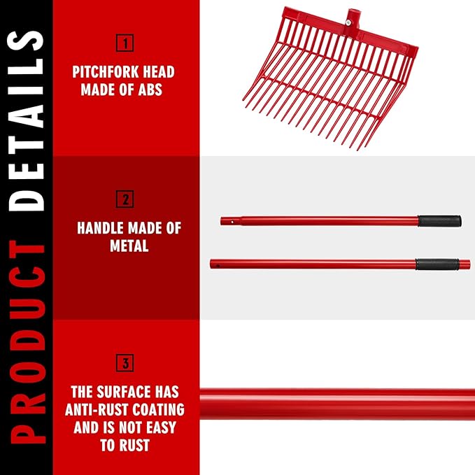 Lasnten 3 Sets Manure Fork with Long Metal Handle Pitch Fork Manure Rake Heavy Duty Muck Rake for Gardening Horse Stall Stable Grass Hay Cleaning Farm Work(Red)