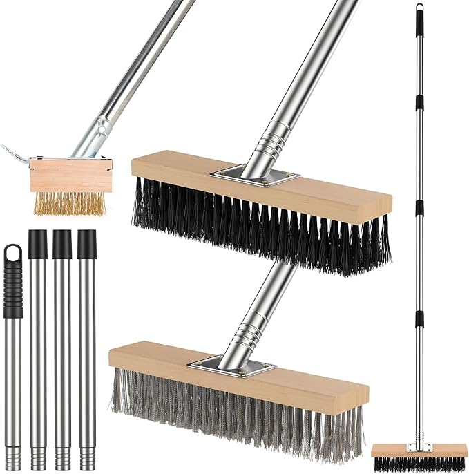 Floor Scrubber Brush, 3-in-1 Deck Brush Kit with Heavy Duty Stainless Steel Wire Scrub Brush, Floor Scrub Broom with 61" Long Handle & Crack Weeder Tool for Concrete Garden Garage