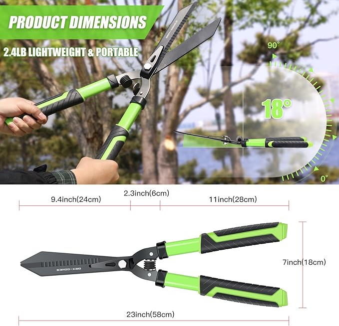 Professional Heavy Duty Hedge Shears 23" - Serrated Blade & Dual Shock Handle, Ergonomic Gardening Clippers with Anti-Rust Coating