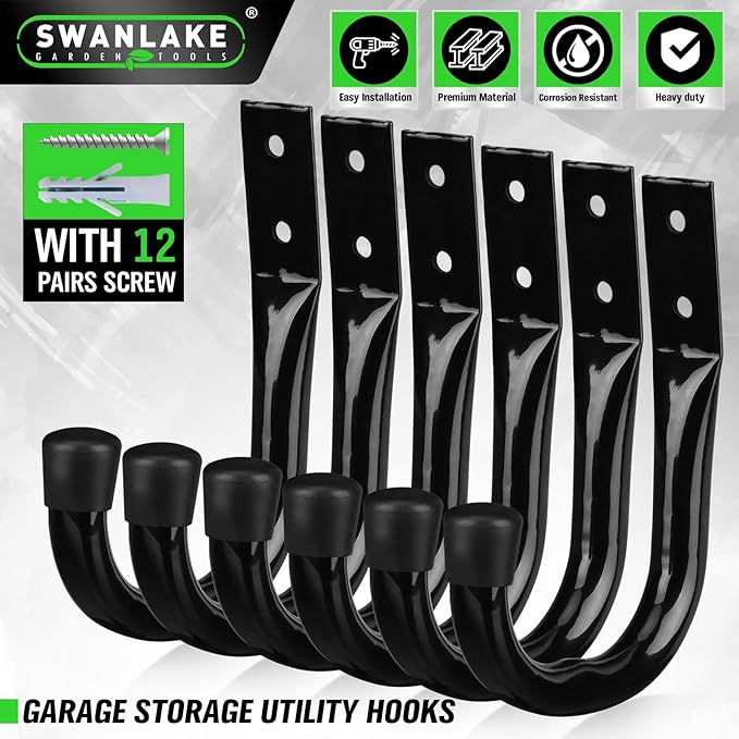 Heavy Duty Garage Storage Hooks, 6-piece Bike Hooks for Garage Wall, Utility Garage Hooks, Wall Mount J Hook for Hanging, Large Metal Storage Organizer Tool, Extension Cord Hanger