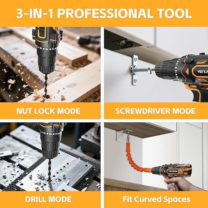 Cordless Drill Set, 12V Power Drill with 2.0Ah Battery and 2-Speed, 30Nm Torque, 25+1 Clutch Settings, 3/8" Keyless Chuck, Yellow Electric Drills for Home DIY, Wood, Metal, Plastic Drilling