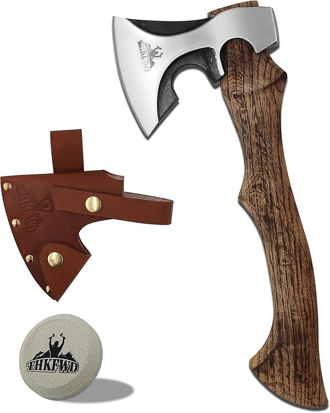 Camping Hatchet -Chopping Axe with Leather Sheath, 13.8" Forged Carbon Steel Wood Splitting Axe for Chopping Camping Survival