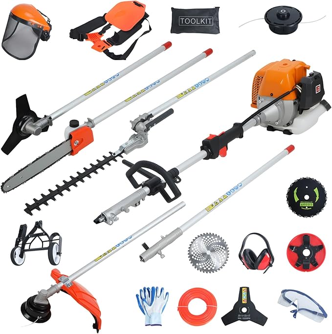 𝟖 𝐢𝐧 𝟏 Gas Weed Wacker, 52cc 2-Cycle Gas Weed Eater, 2025 Upgraded Weed Eater, 9500rpm High Power String Trimmer, Edger Pole Saw Chainsaw Pruner Brush Cutter for Yard, Garden(US Fast Arrival)