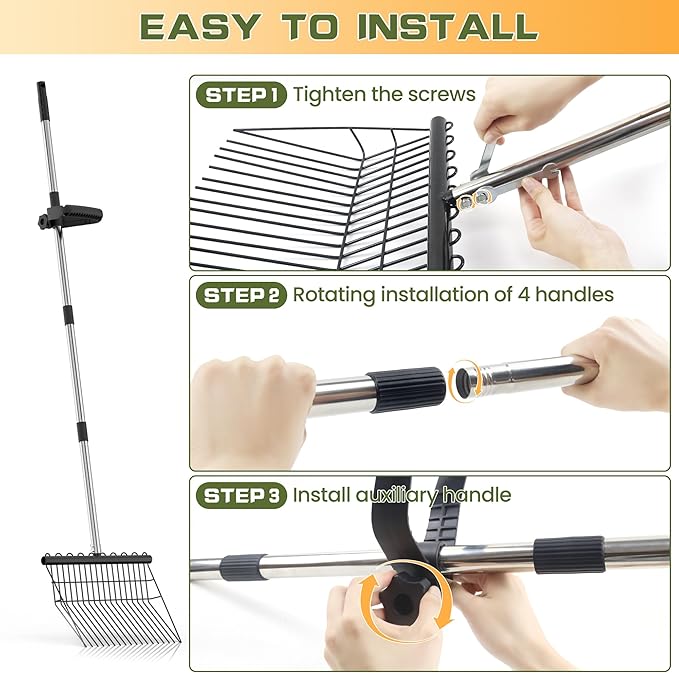 Manure Fork - Metal Horse Manure Rake with 2 Durafork Replacement Heads and 1 Steel Handle, Rustproof Heavy Duty Hay Pitch Fork for Horse Stall Poop