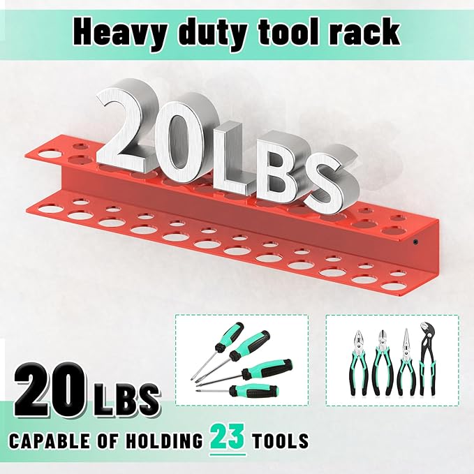 Screwdrivers Pliers Holder Wall Mount, Metal Utility Storage Rack for Pliers Small Tools, Screw Driver Organizer Suitable Garages Homes Workshops Sheds (23 holes 1PC Red)