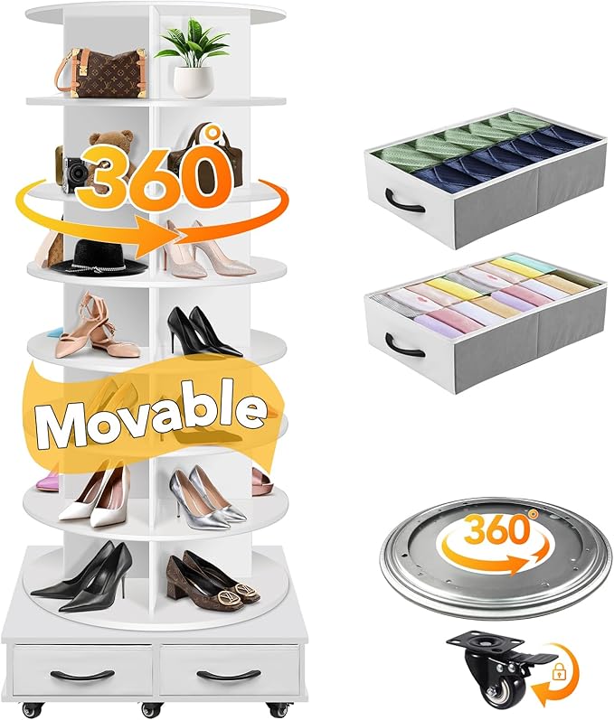 8 Tier Rotating Shoe Rack Tower contains 2 drawers, Spinning Shoe Rack Display Lazy Susan, Revolving 360 Shoe Racks Storage Round Carousel, Equipped with 5 Universal Wheels with Brake Function