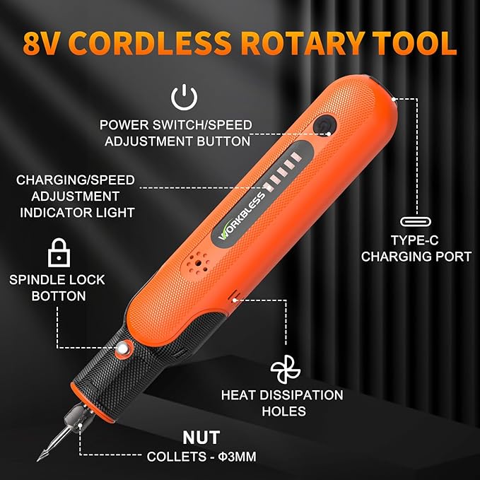 8V Cordless Rotary Tool Kit with 103pcs Accessories, USB-C Charging, 5-Speed 25000RPM mini cordless rotary tool, Power Rotary Tool for Engraving, Sanding, Drilling, Polishing, DIY Crafts