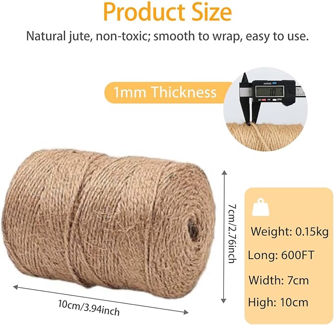 Natural Jute Twine String 1mm 600 Feet – Thin Twine for Crafts & Gift Wrapping, Bakers Twine, Craft String for Hanging Decorations, String for Crafts & DIY