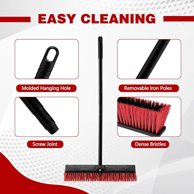 18" Push Broom for Outdoor - Heavy Duty 63" Long Handle Outdoor Broom for Deck,Driveway,Garage,Yard,Deck,Patio,Warehouse,Concrete