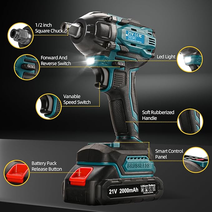 Cordless Impact Wrench, 21V Torque Power Impact Driver, 1/2" Power Impact Wrenches with 2 * 2.0Ah Batteries with 19 Accessories, Electric Impact Motor Variable Speeds for home installation (Blue)