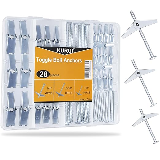 KURUI Heavy Duty Hollow Wall Anchors for Drywall Ceiling, Toggle Bolts and Wing Nut Kit, 28Pcs Metal Drywall Anchors and Screws Assortment Set, 3 Sizes Butterfly Anchors for Hanging 1/8, 3/16, 1/4