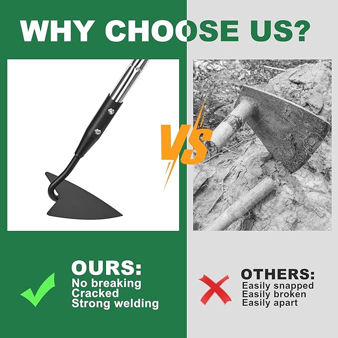 Warren Hoe, Carbon Steel Triangle Garden Hoe with Stainless Steel 57" Adjustable Long Handle, Heavy Duty Gardening Hand Tools Hoe for Ridging Weeding Digging Loosening Edging Soil, Balck