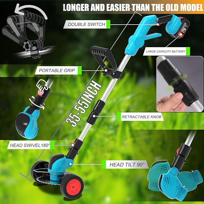 Electric Cordless Weed Wacker Eater Battery Powered, Lightweight No-String Weed Trimmer with 2x 4.0Ah Battery Operated & Wheels, 3 in 1 Stringless Grass Trimmer/Edger/Brush Cutter for Garden Yard Lawn