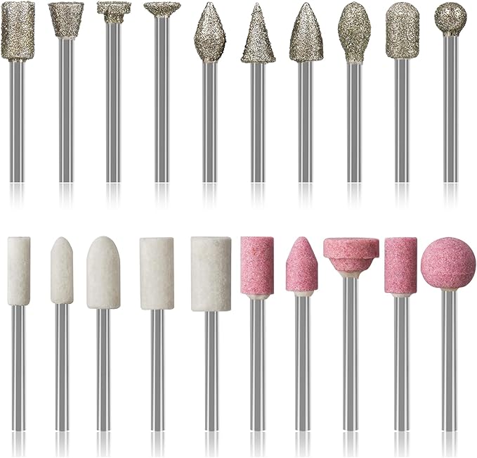 Diamond Burr Set for Dremel, Rotary Tool Grinding Cutting Wheel Stone Glass Tile Jewelry Engraving Rock Etching Masonry 1/8” Die Grinder Carving Cutter Metal Engraver Kit - 20pc Set