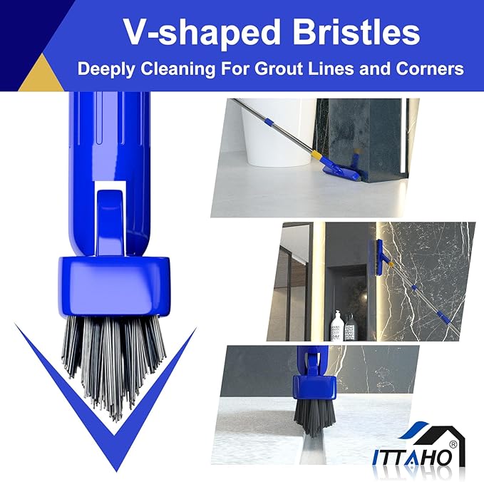 ITTAHO 12" Wide Floor Scrub and Grout Brush Set With Long Extendable Handle - Stiff Bristle Heavy Duty Cleaner for Tile, Deck, Garage, Kitchen, Bathroom