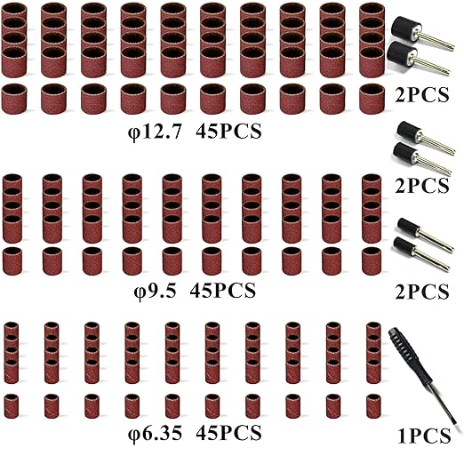 Asieg Tool Sanding Drum Kit 142Pcs 180Grit, 1/2" & 3/8" & 1/4" Diameter Drum Sanding Band with 3.17mm Shank Mandrels for Drill Dremel Rotary Tools Nails Drill