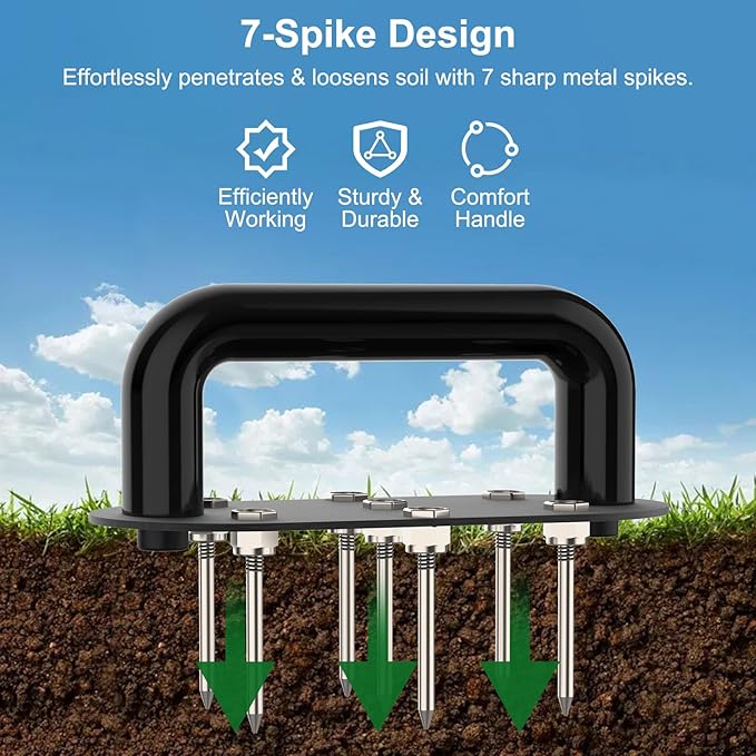 Hand Tiller Garden Tool Lawn Aerator Spike Manual Tool Portable Handheld Aerator Lawn Tool with 7-Iron Spikes, Pre-Aessmbled Small Grass Aerator Tool, Cultivator Tiller Soil Lossener