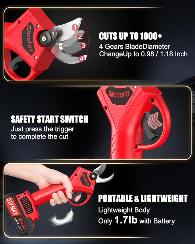 Electric Pruning Shears, Upgraded Brushless Motor, 1.4" Cutting Diameter, 2×21V 2000mAh Batteries – for Trees, Shrubs & Vineyards – FCC/CE Certified