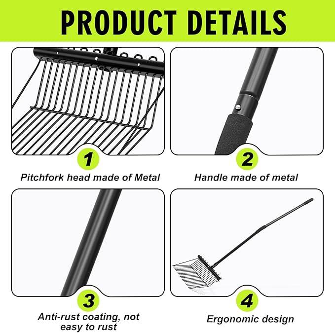 Lasnten 2 Set Pitch Fork Manure Fork with Long Handle Pitchfork Muck Rake Tool for Gardening Horse Stall Stable Grass Hay Cleaning Farm Work (Metal Head)
